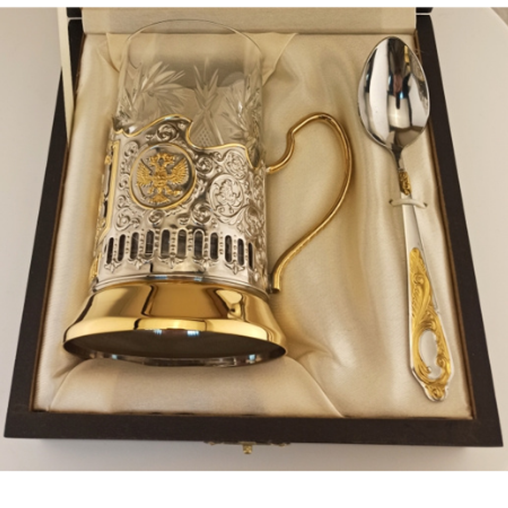 Чайный набор с подстаканником с позолочением  и индивидуальной гравировкой в шкатулке на заказ