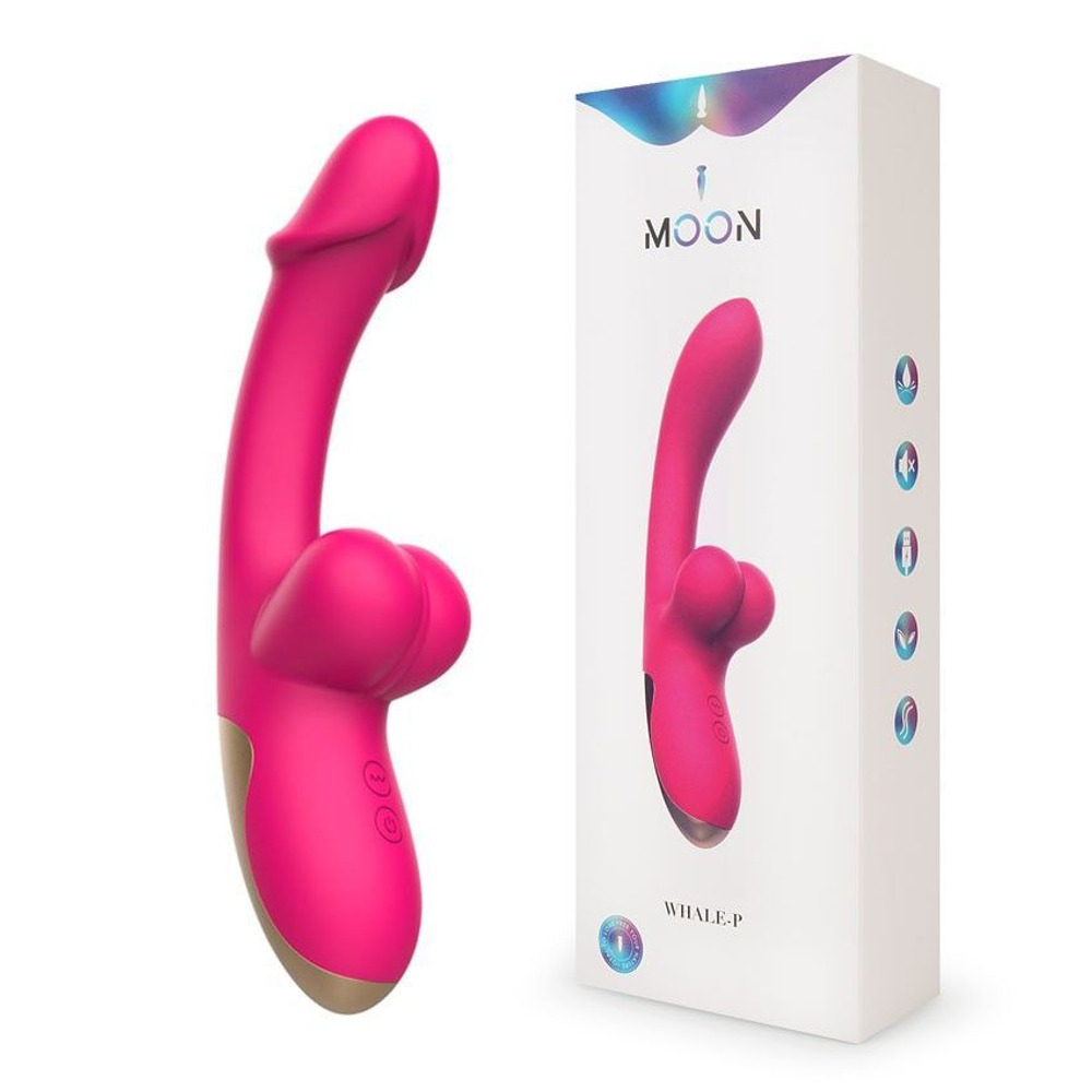 Розовый изогнутый вибромассажёр с имитацией мошонки - 20,4 см. (Цвет: розовый)