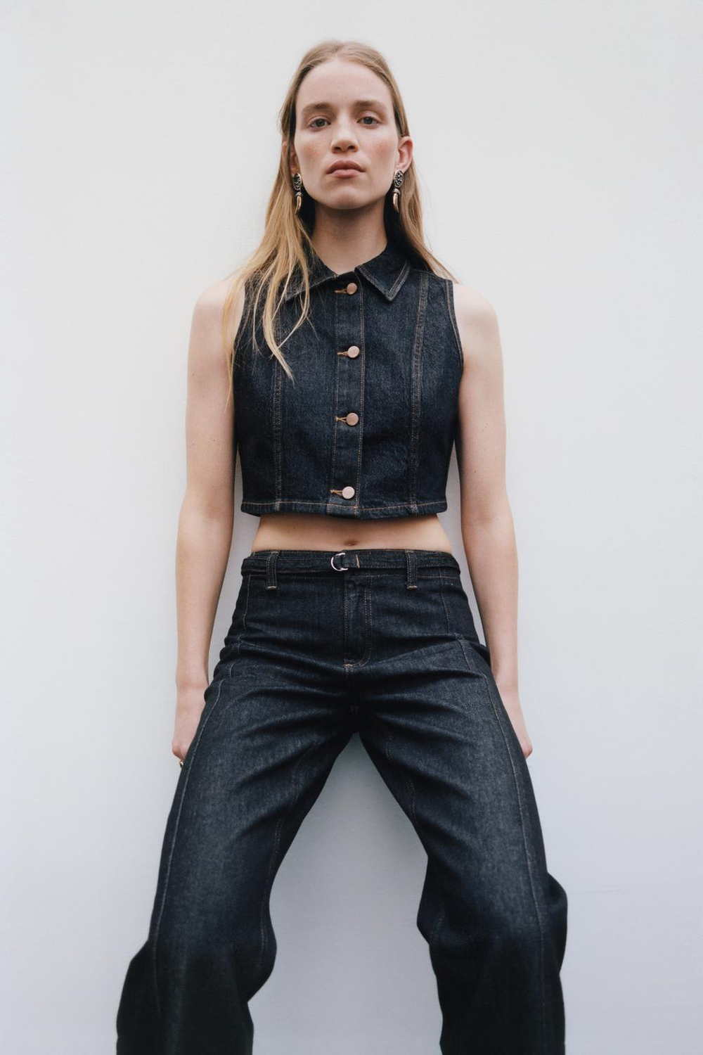 ZARA ДЖИНСЫ Z1975 BOOT-CUT С ВЫСОКОЙ ПОСАДКОЙ И РЕМНЕМ, СИНИЙ