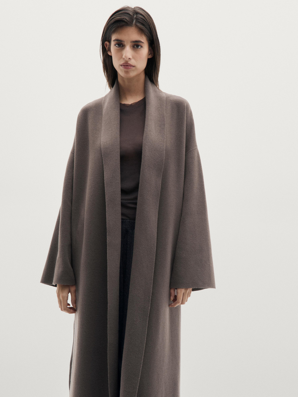 Massimo Dutti Длинный кардиган с поясом, коричневый