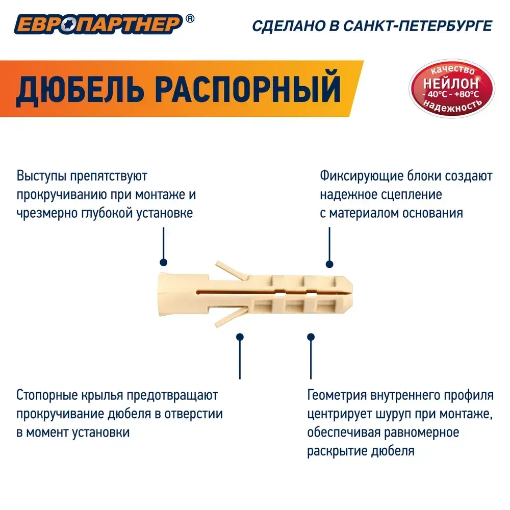 Дюбель распорный 6х30мм PND нейлоновый Европартнер (100 шт.)