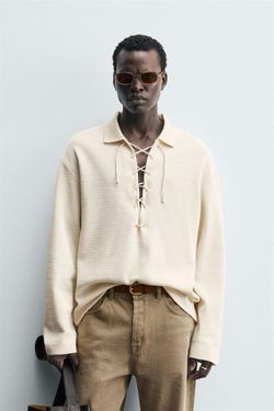 ZARA ПОЛО С ТЕКСТУРОЙ И ШНУРКОМ, ЖЕЛТОВАТО-БЕЛЫЙ