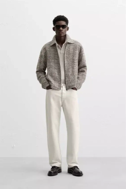 ZARA КУРТКА-РУБАШКА ИЗ РЕЛЬЕФНОЙ ТКАНИ С МОЛНИЕЙ, РЫЖЕВАТО-КОРИЧНЕВЫЙ