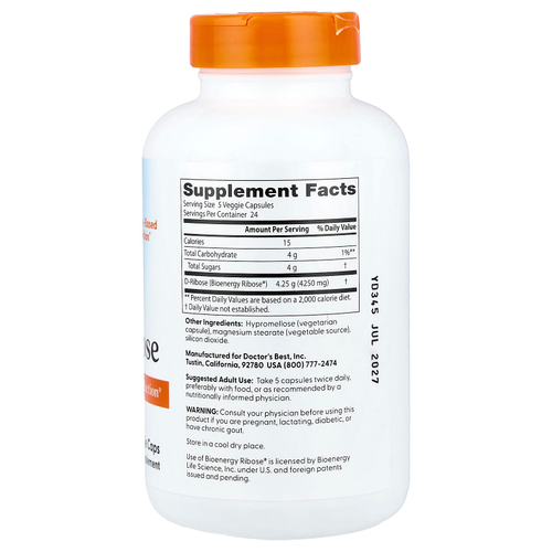 Doctor's Best, D-рибоза, 120 растительных капсул (850 мг в 1 капсуле)