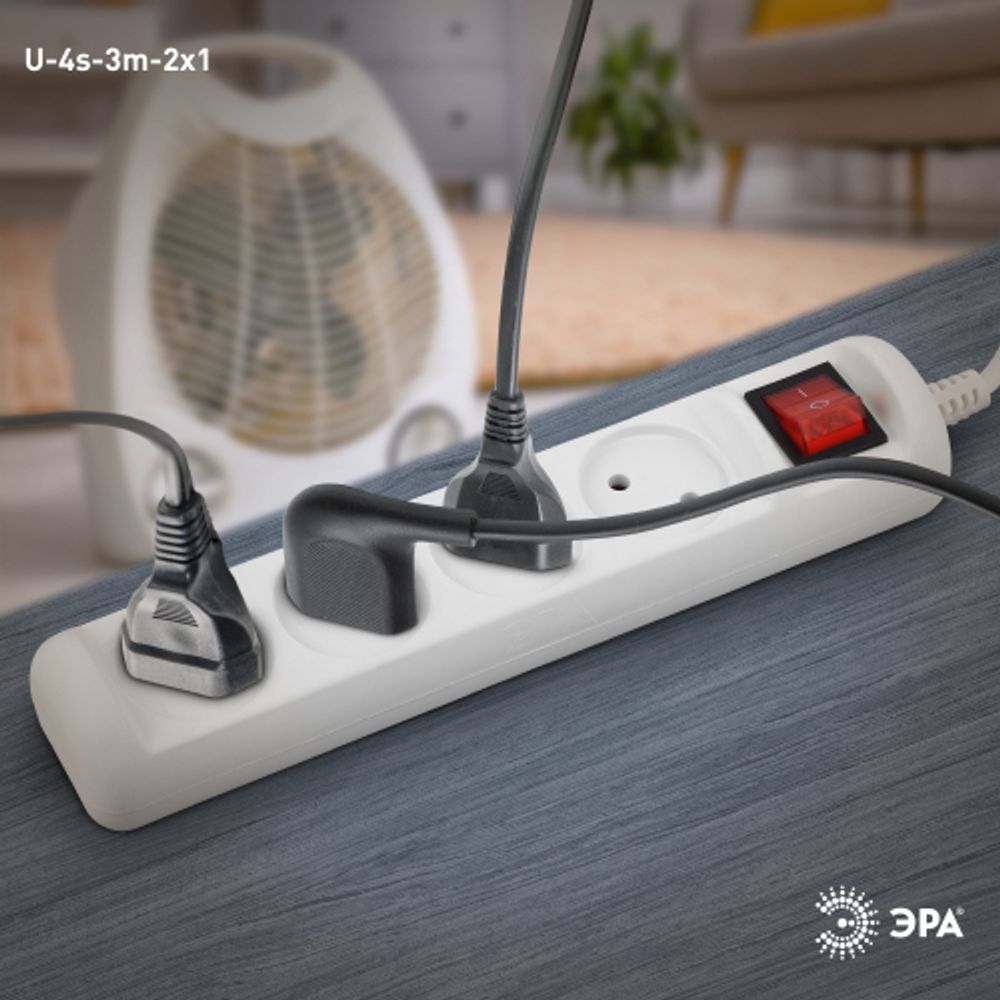 Удлинитель электрический ЭРА U-4s-3m-2x1 без заземления c выключателем 4 розетки 3м ПВС 2x1мм2 10А
