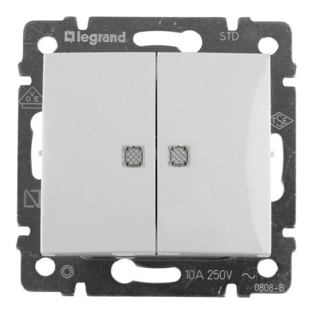 Выключатель 2-кл с подсветкой в рамку белый Legrand VALENA 774428