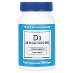 The Vitamin Shoppe, Витамин D3, 25 мкг (1000 МЕ), 100 мягких таблеток