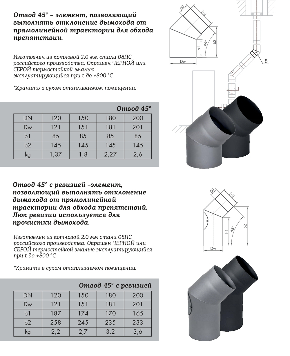 Отвод КПД чёрный 45° D120 мм (сталь 2 мм)