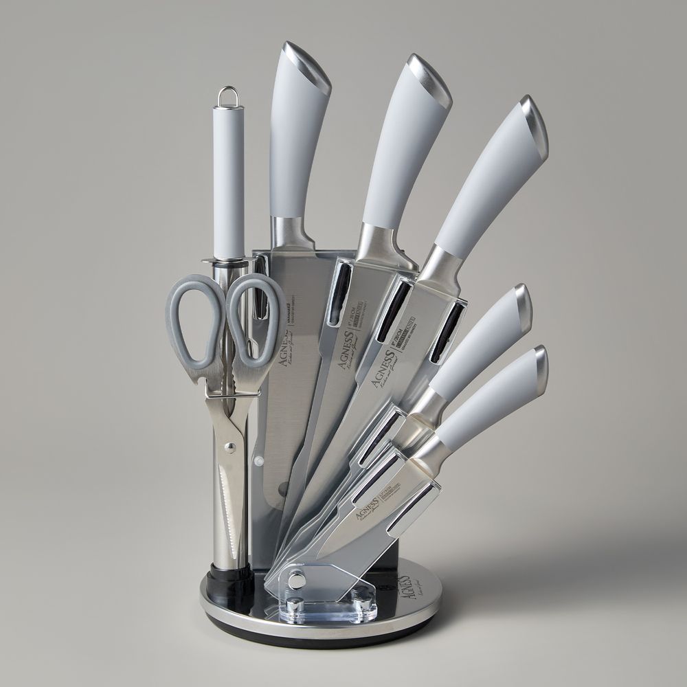 НАБОР НОЖЕЙ AGNESS НЖС НА ПЛАСТИКОВОЙ ВРАЩАЮЩЕЙСЯ ПОДСТАВКЕ 8 ПР.