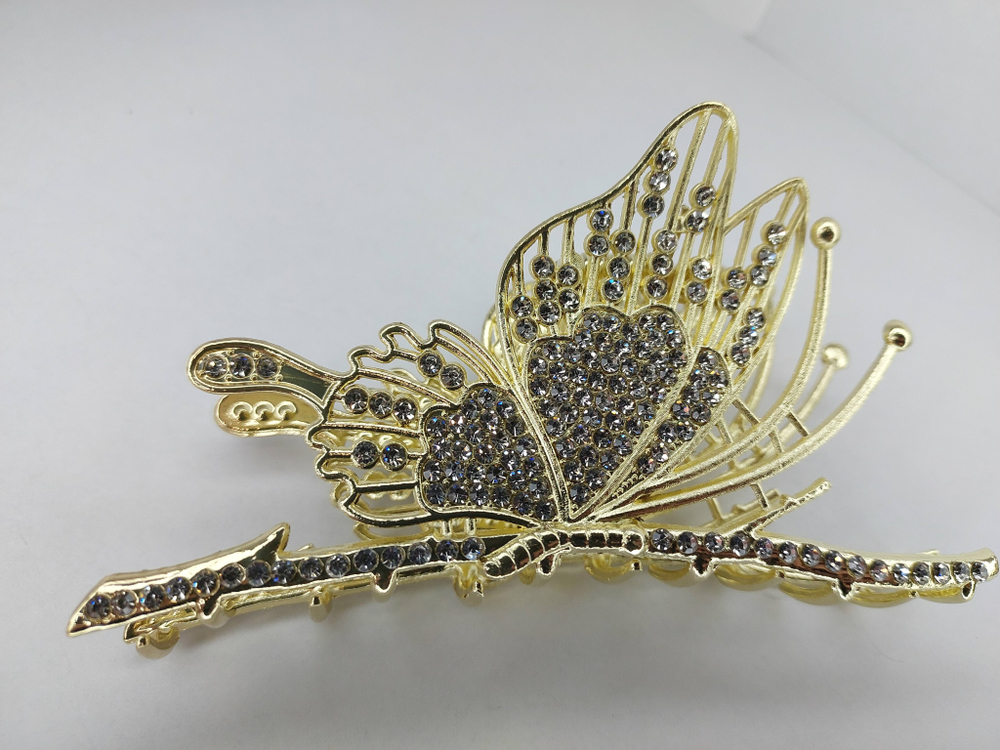 Заколка Краб "Бабочка" со стразами. Металл. Золото. Усиленная.Для волос.