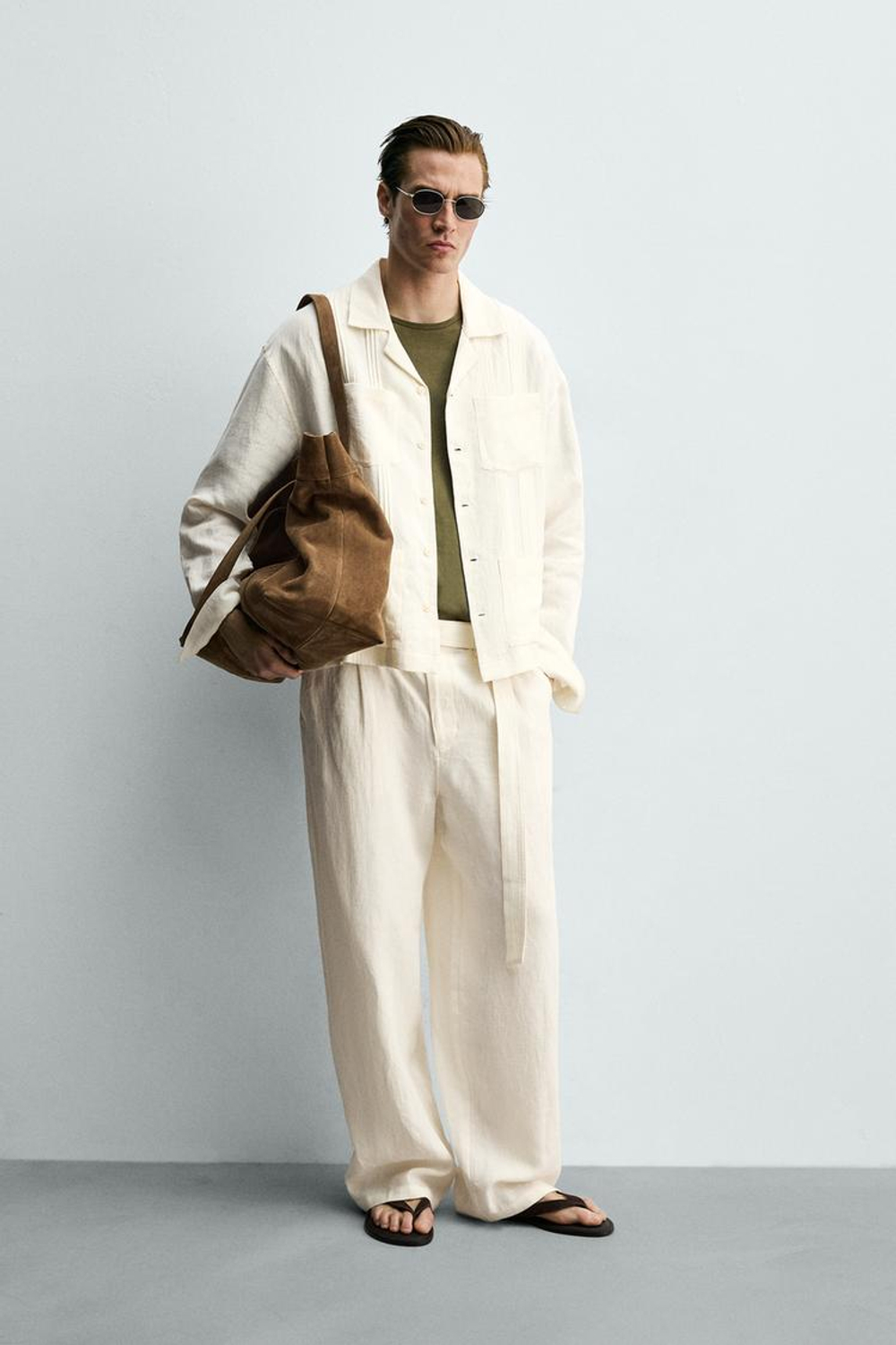 ZARA БРЮКИ СВОБОДНОГО КРОЯ ИЗ 100% ЛЬНА С РЕМНЕМ, ЖЕЛТОВАТО-БЕЛЫЙ