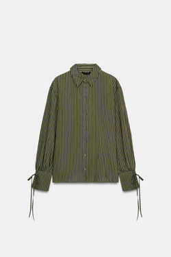 ZARA РУБАШКА В ПОЛОСКУ С ЗАВЯЗКАМИ, ТЕМНЫЙ ХАКИ