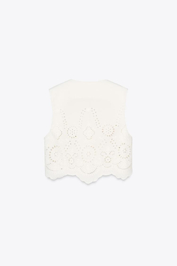 ZARA ТОП-ЖИЛЕТ С АЖУРНОЙ ВЫШИВКОЙ, БЕЛЫЙ