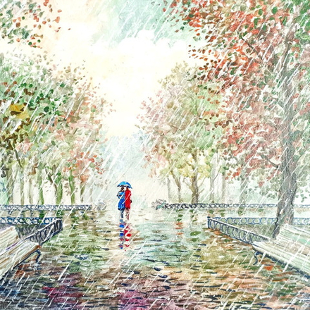 И. А. Сулковский "Парочка под дождем" Холст, темпера. 30х30 см