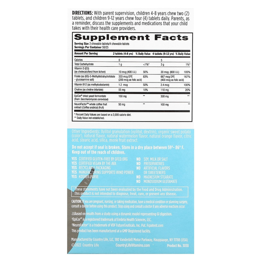 Country Life, Gut Connection, Cognitive Balance, для детей, средство для когнитивного баланса, кисло-сладкий вкус, 100 жевательных таблеток