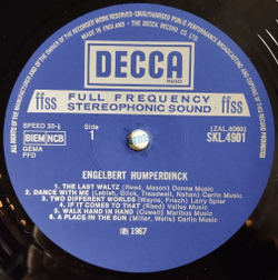 Винтажная виниловая пластинка LP Engelbert Humperdinck The Last Waltz (UK 1967)