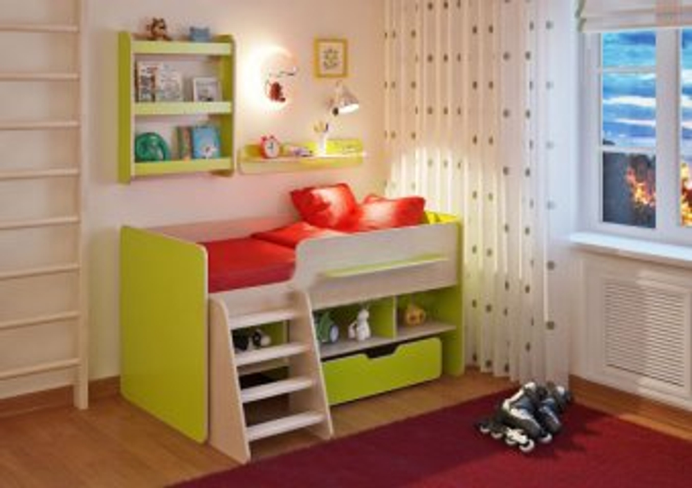 Кровать-чердак КарИВи Легенда 6 с полками  Дуб Молочный Лайм