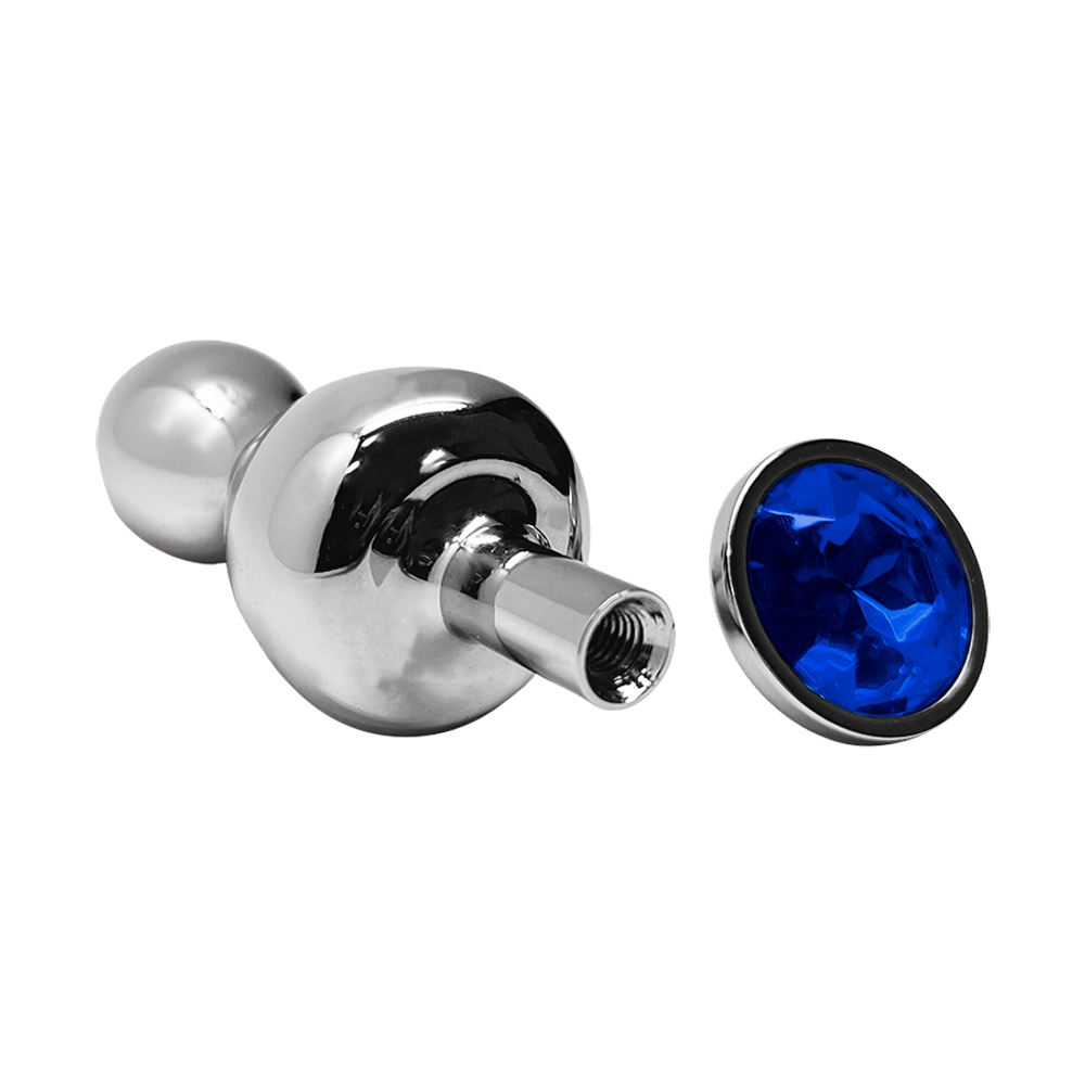 Металлическая анальная втулка 10,5см с синим кристаллом Cnex Wooomy Lollypop Double Ball Metal Plug Blue L