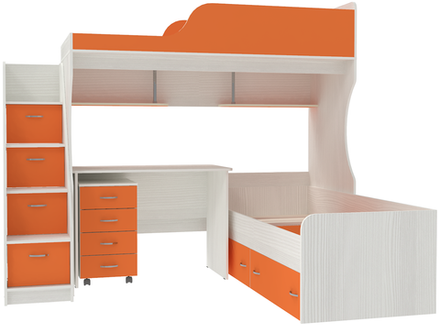 Двухъярусная кровать КарИВи Дуэт-5 с лестницей Комод КарИВиом Белое Дерево Оранжевый