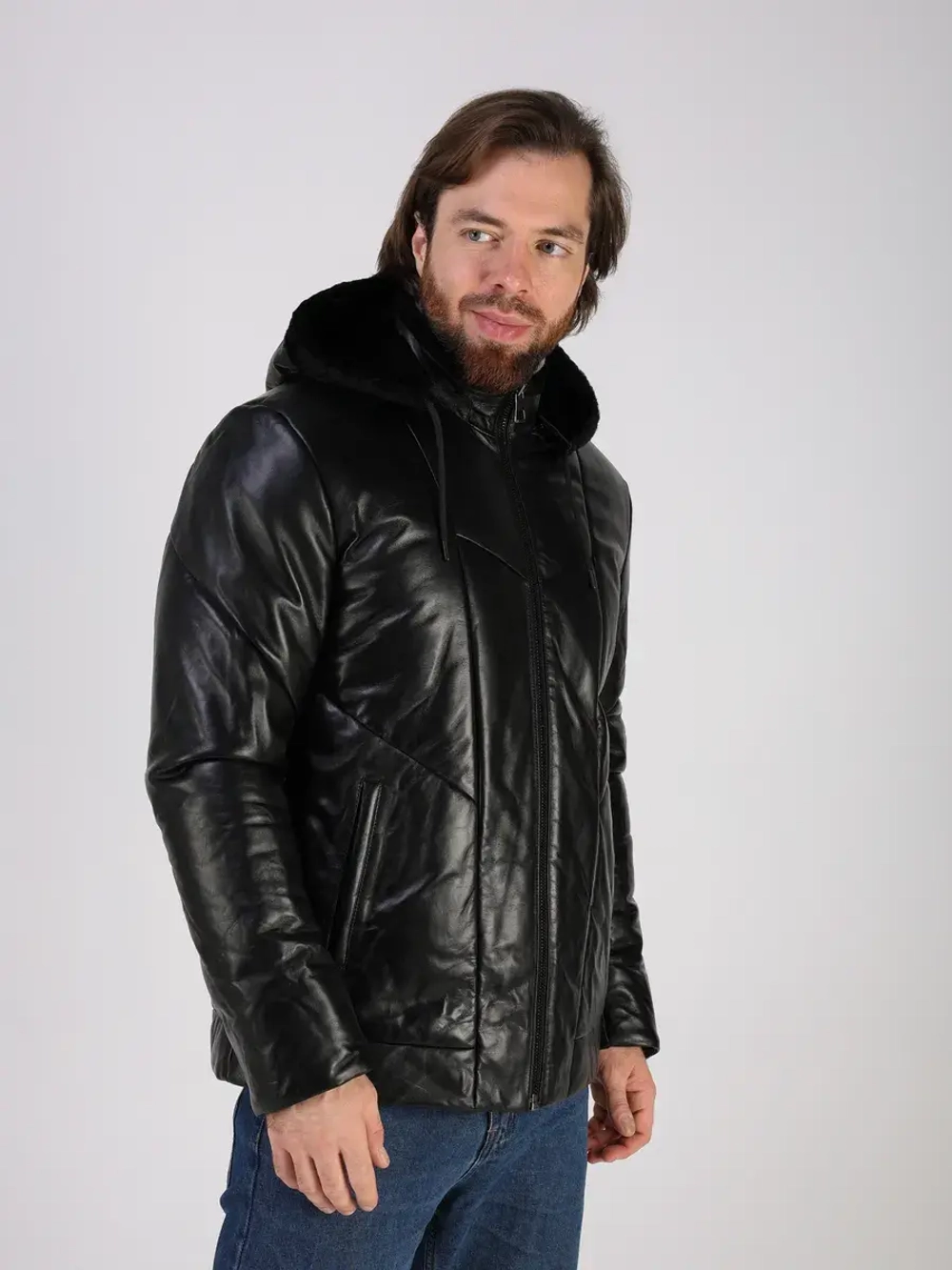 Куртка зимняя кожаная с капюшоном пуховик