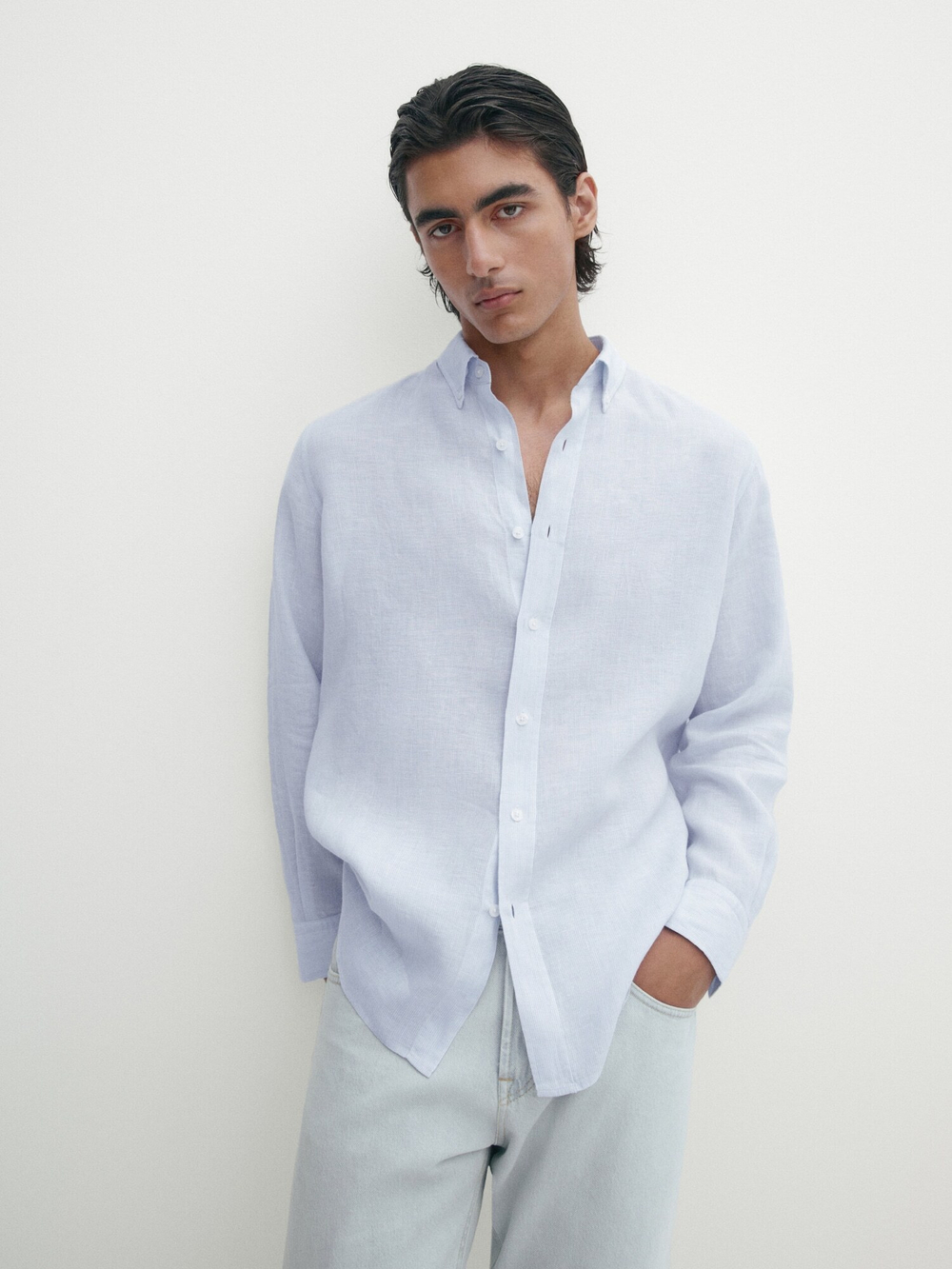 Massimo Dutti Рубашка облегающего кроя изо льна в полоску, небесно-голубой