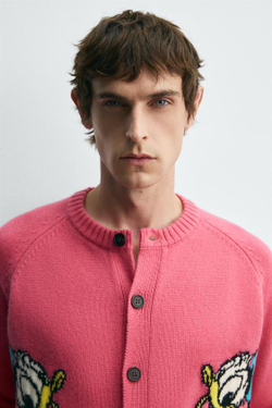 ZARA HARRY LAMBERT X DISNEY ШЕРСТЯНОЙ КАРДИГАН DONALD DUCK, РОЗОВЫЙ