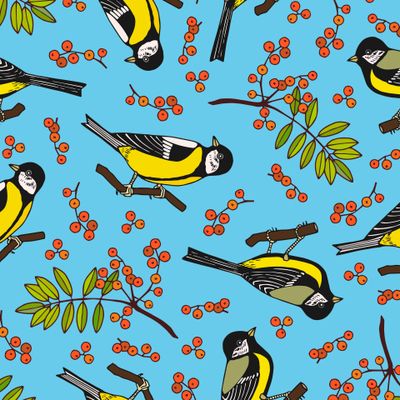 Tit birds seamless pattern. Rowan branch.