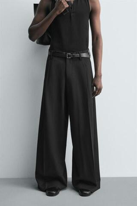 ZARA БРЮКИ WIDE FIT СО СКЛАДКАМИ, ЧЕРНЫЙ