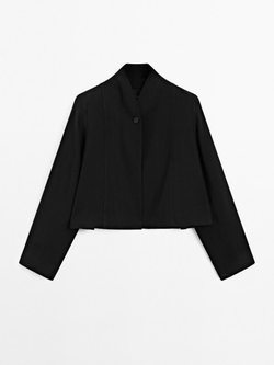 Massimo Dutti Короткий блейзер из смесовой льняной ткани, черный