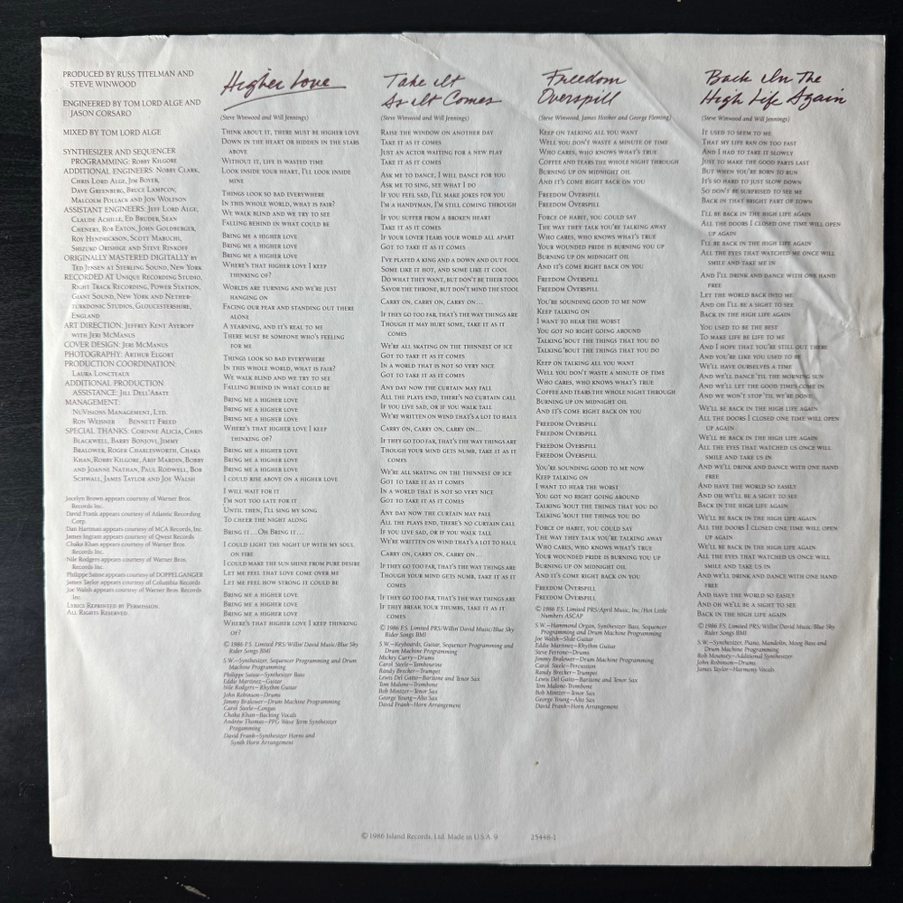 Steve Winwood ‎– Back In The High Life (США 1986г.)