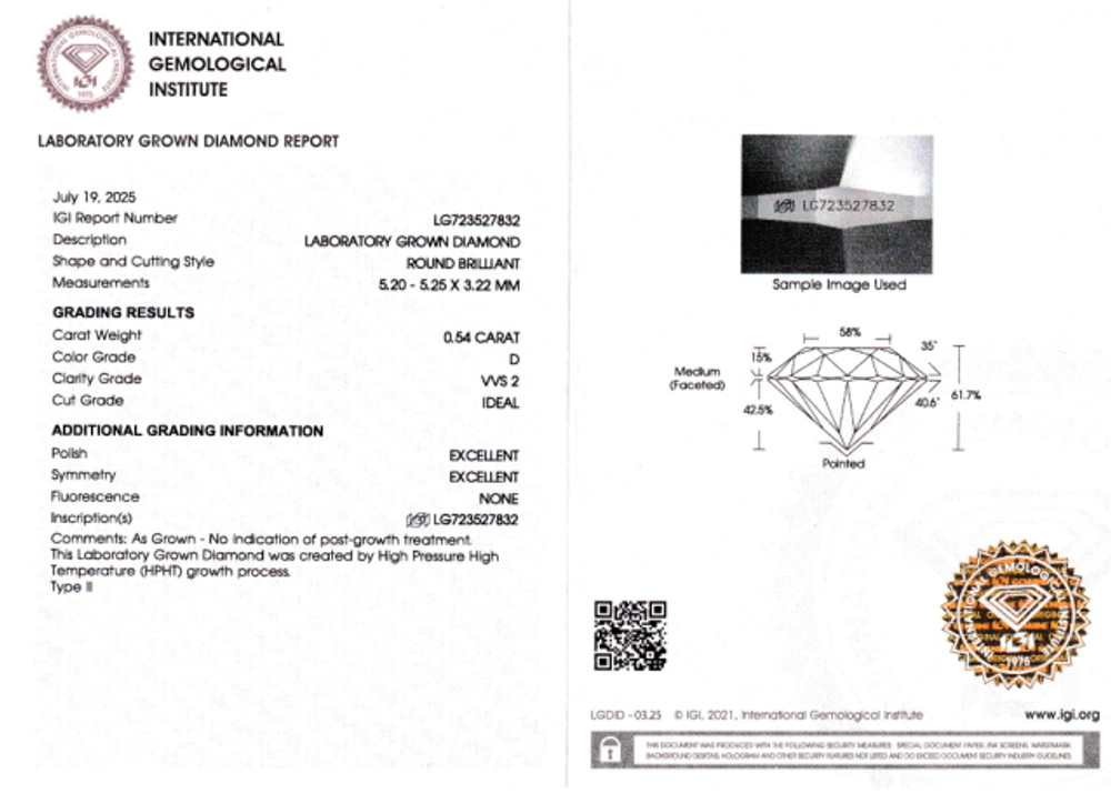 Лабораторно-выращенный бриллиант Кр-57 5.20-5.25 мм D/VVS2 0.54 ct