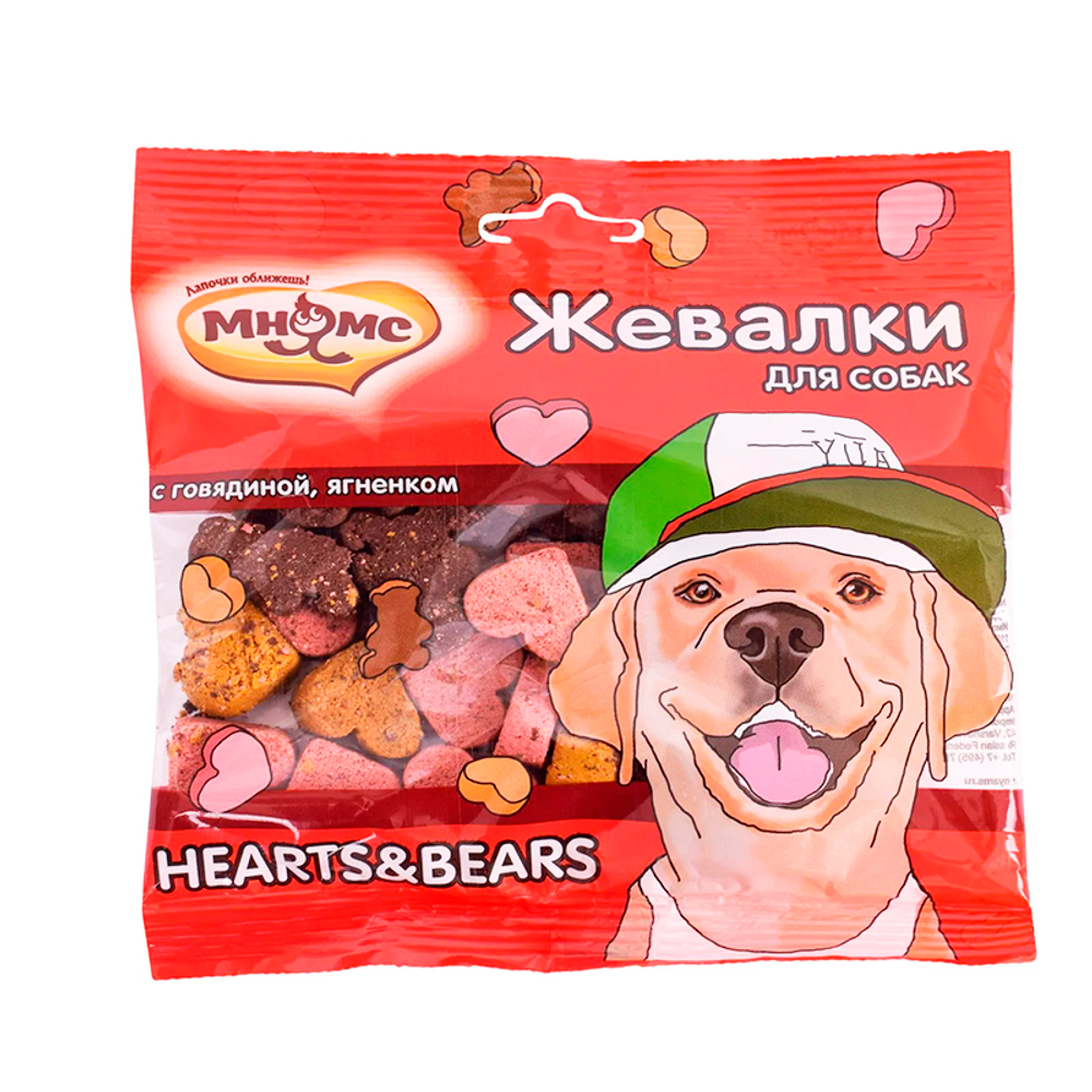 Лакомство жевалки Hearts & Bears с говядиной и ягненком, для взрослых собак и щенков, 150 г. Мнямс