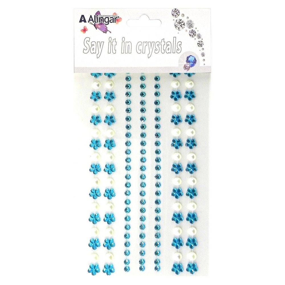 Наклейки-стразы Alingar, акриловые, "Бирюзовый цветок", стразы-цветочки, кружочки,жемчуженки, пакет с европодвесом