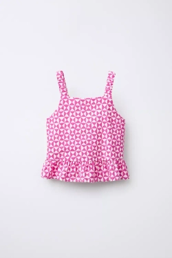 ZARA ТОП ИЗ СМЕСОВОГО ЛЬНА С ПРИНТОМ, РОЗОВЫЙ/БЕЛЫЙ