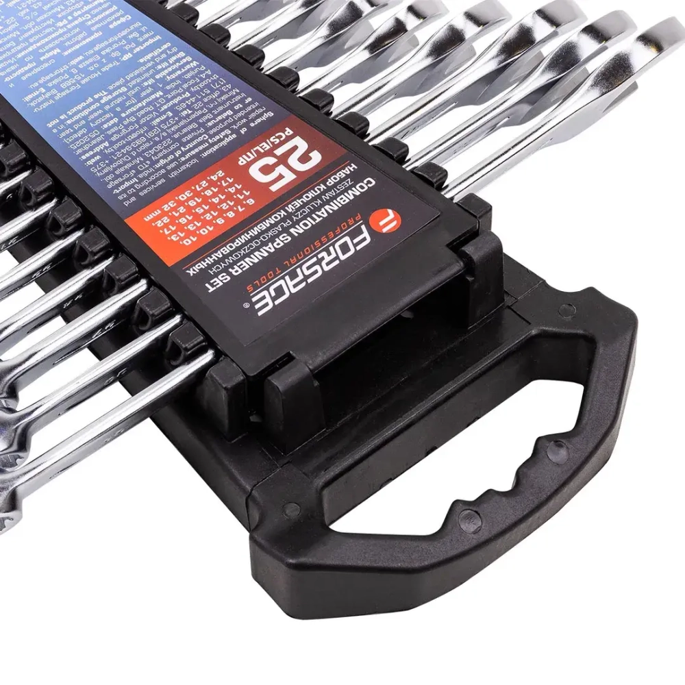 Набор ключей комбинированных 25пр.(6,7,8,9,10-2шт,11,12-2шт,13-2шт,14-2шт,15,16,17-2шт,18,19,21,22,24,27,30,32мм),в пластиковом держателе Forsage F-5261MP