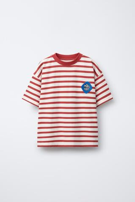 ZARA ФУТБОЛКА В ПОЛОСКУ С НАШИВКОЙ, КРАСНЫЙ/БЕЛЫЙ
