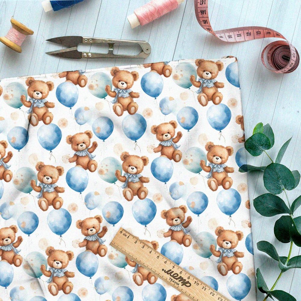 Ткань премиум шелк искусственный Армани медвежата с воздушными шарами