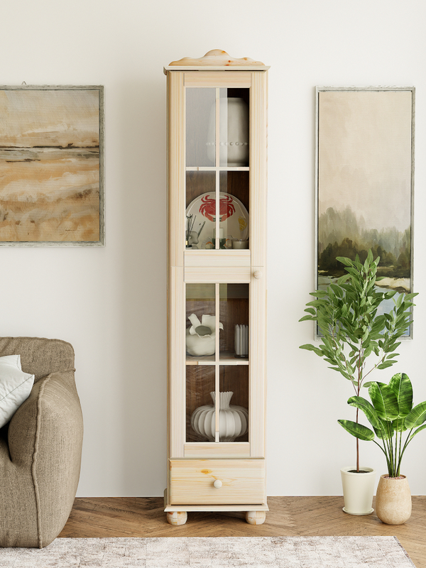 Шкаф витрина 1 дверь 1 ящик Бритта из массива сосны, бежевый, в лаке