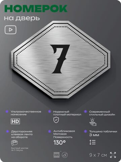 Номерок на дверь квартиры 7, для кабинета, офиса, шильдик 9 х 7 см, серебристый, Айдентика Технолоджи