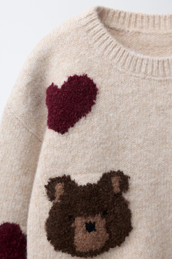 ZARA ТРИКОТАЖНЫЙ ДЖЕМПЕР С МИШКАМИ И СЕРДЕЧКАМИ, СВЕТЛО-БЕЖЕВЫЙ