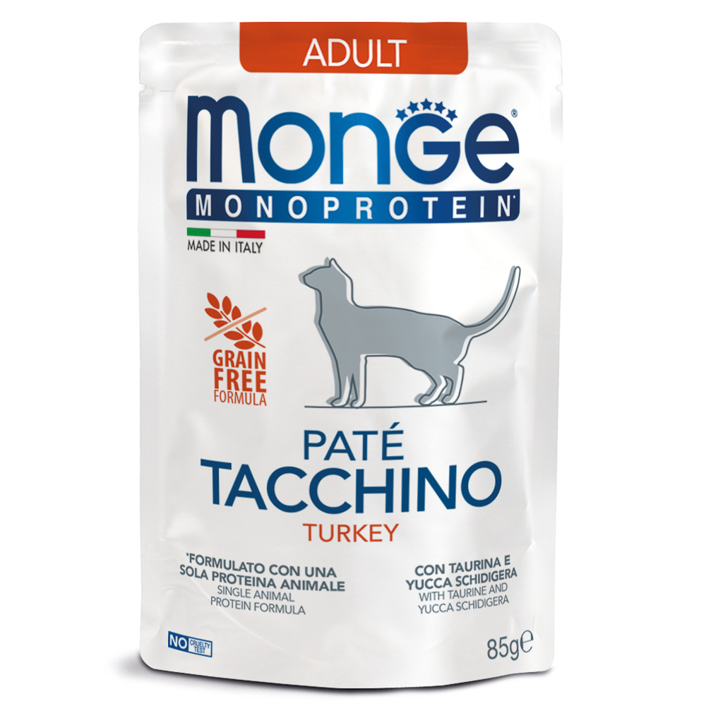 Влажный корм Monge Cat Monoprotein для взрослых кошек, из индейки, паучи 85 г - 28 шт