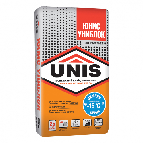 Клей UNIS УНИБЛОК цементный кладочно-монтажный  Зимний 25 кг
