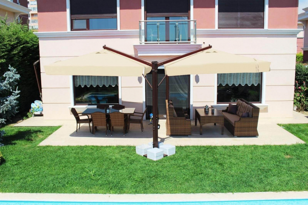 Зонт профессиональный двухкупольный 6.4х3 м Theumbrela Semsiye Evi Double Banana V, бежевый