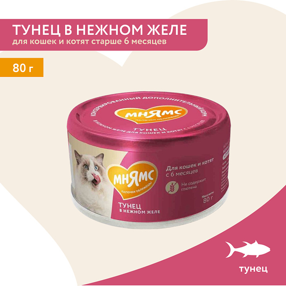 Влажный дополнительный корм для кошек и котят старше 6 месяцев Мнямс на каждый день тунец в нежном желе 80 г 24 шт