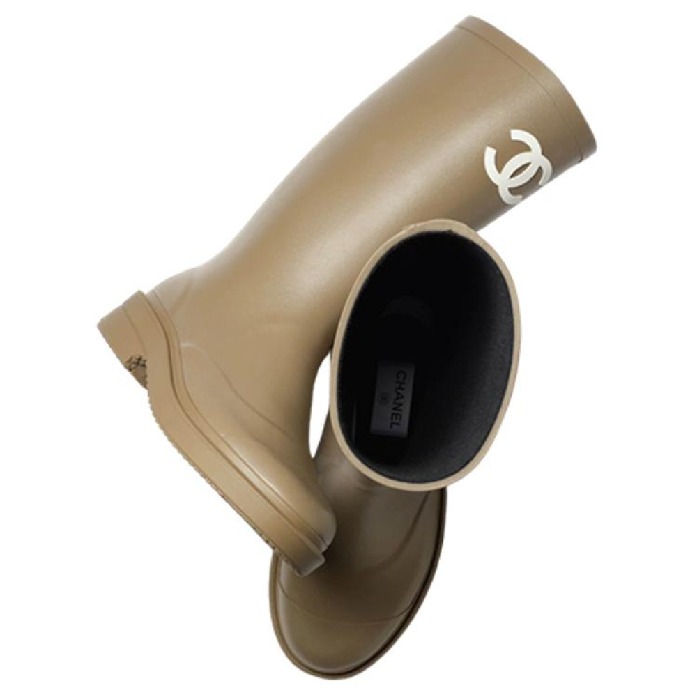 CHANEL Rubber Rain Boots Dark Beige Women"s