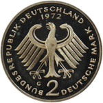 2 марки. 20 лет ФРГ - Теодор Хойс. (G) Германия. Медноникель. 1972 г. PROOF