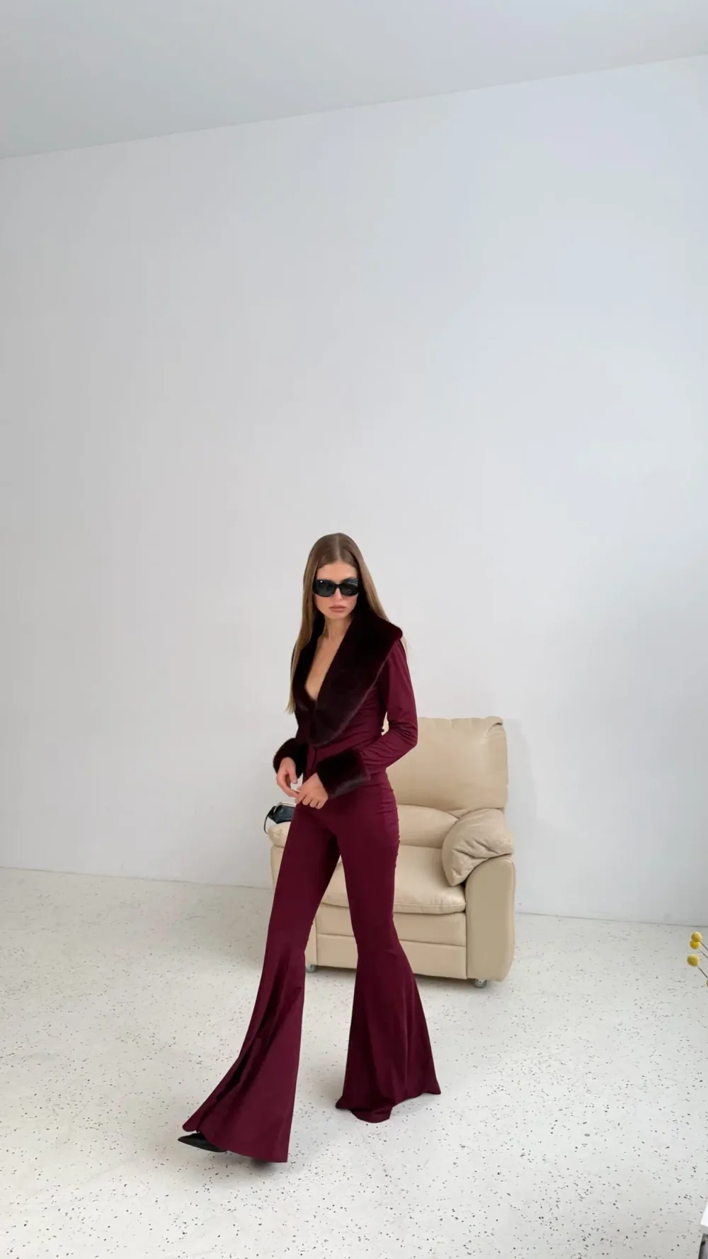 Брюки клеш на резинке, Бордовый