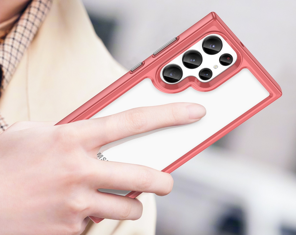 Усиленный прозрачный чехол с красными рамками для Samsung Galaxy S22 Ultra, мягкий отклик кнопок