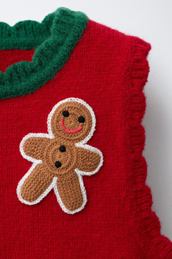 ZARA ВЯЗАНЫЙ ЖИЛЕТ С АППЛИКАЦИЯМИ КРОШЕ, КРАСНЫЙ