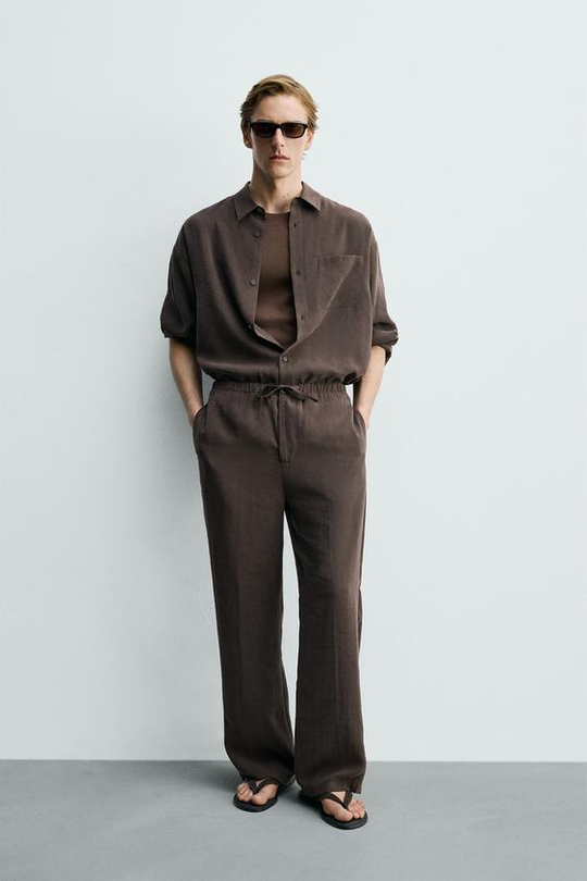 ZARA БРЮКИ RELAXED FIT ИЗ СТРУЯЩЕЙСЯ ТКАНИ, КОРИЧНЕВЫЙ